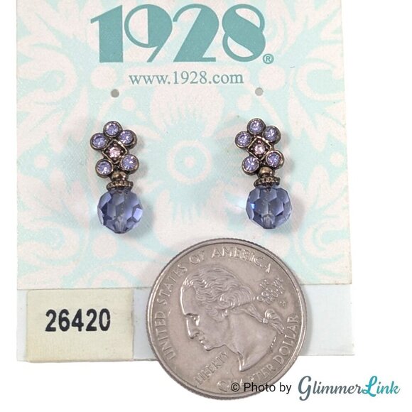 1928 Dainty Purple Crystal Flower Tiered Bronze Tone Pierced Stud Earrings - Picture 3 of 5